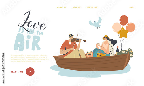 Happy Couple Man and Woman Floating Boat Landing Page Template. Male Character Playing Violin, Female Drinking Tea