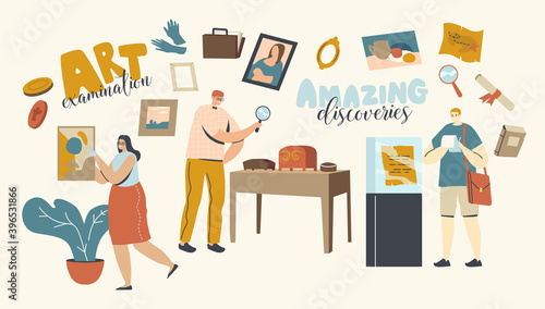 Art Expertise, Masterpiece Examination Concept. Male and Female Characters Looking on Museum Exhibits or Showpieces