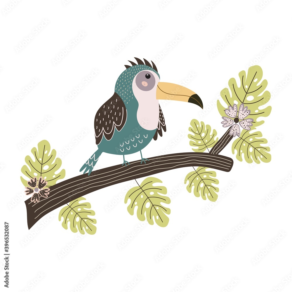 Fototapeta premium Toucan sitting on the branch. Cute tropical bird isolated element