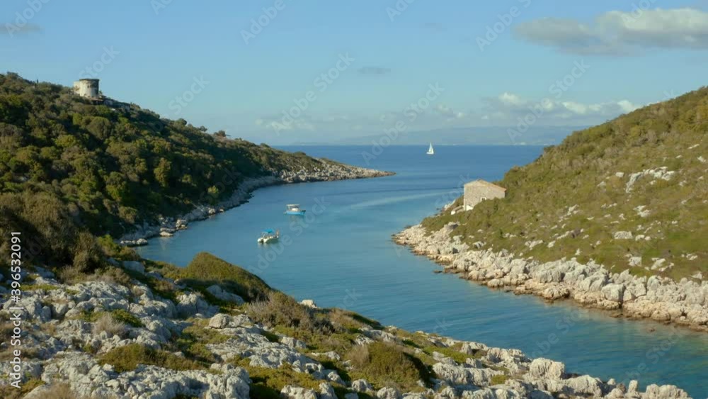 Paxi Island Coast with Boats in Tropical Lagoon in Greece, Aerial Paxi Island Coast with Boats in Tropical Lagoon in Greece, Aerial