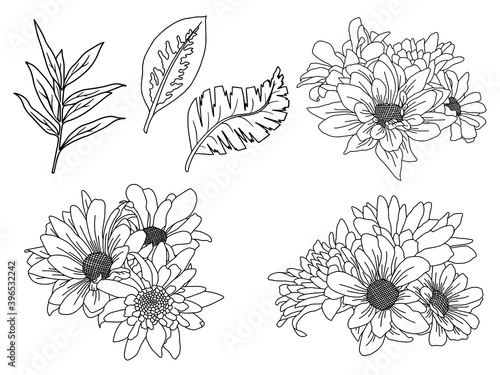 Flowers Line Art Arrangements. Line art flower on greeting card, frame, shopping bags, wall art, telephone boxes and t-shirts. 