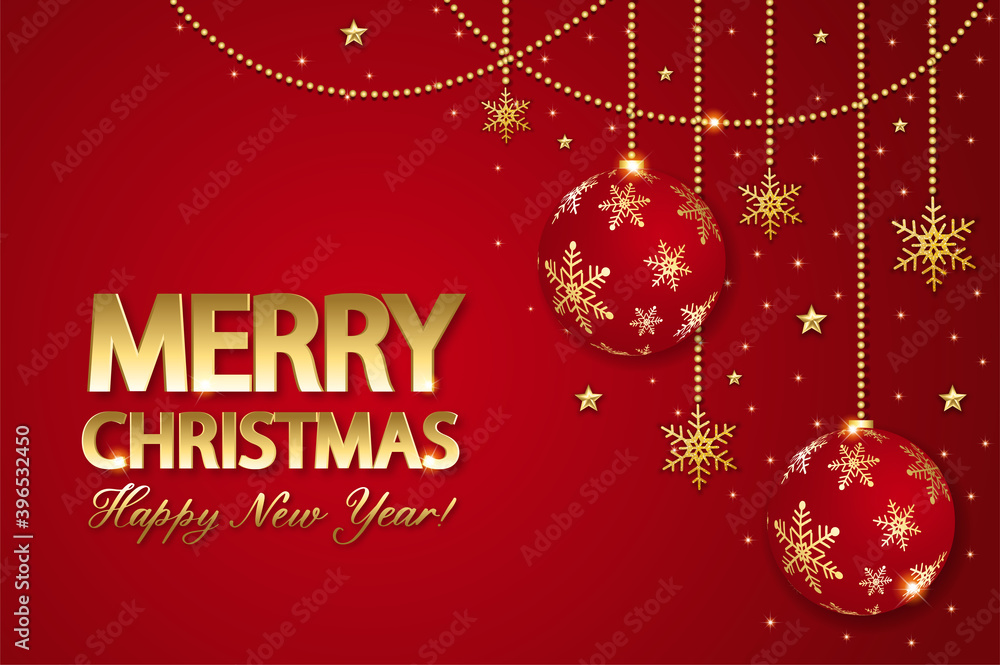 Christmas background with shining gold snowflake, star and ball. Merry Christmas card illustration on red background.