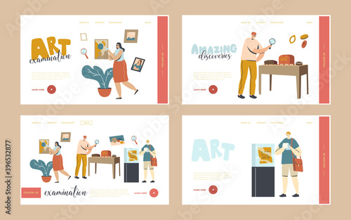 Art Expertise, Masterpiece Examination Landing Page Template Set. Characters Looking on Museum Exhibits or Showpieces