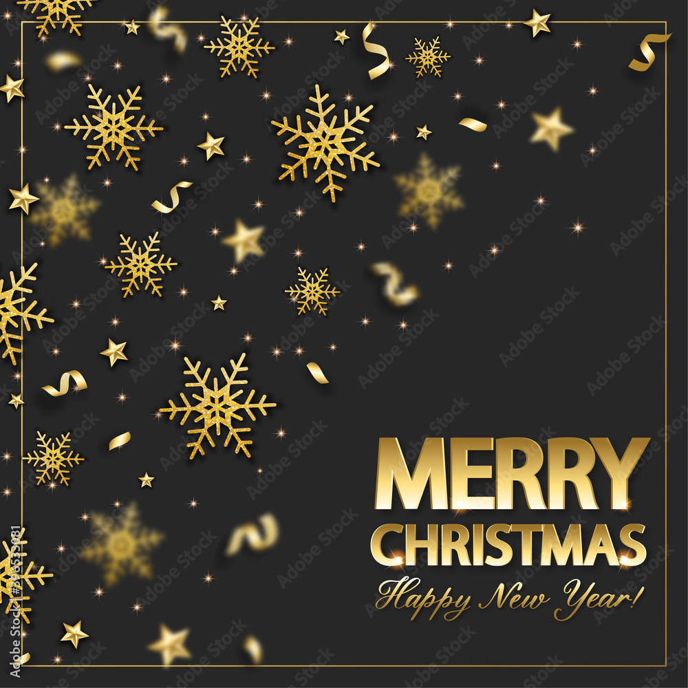 Naklejka premium Christmas background with shining gold snowflake, star and confetti. Merry Christmas card illustration on black background.