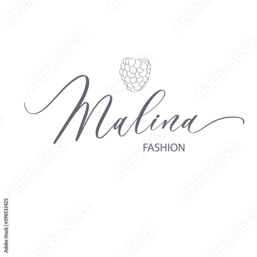 Malina - raspberry calligraphy logo template for jewelry store, baking, cooking, clothing, fashion, etc. Berry Vector Design, fruit Illustration in line.
