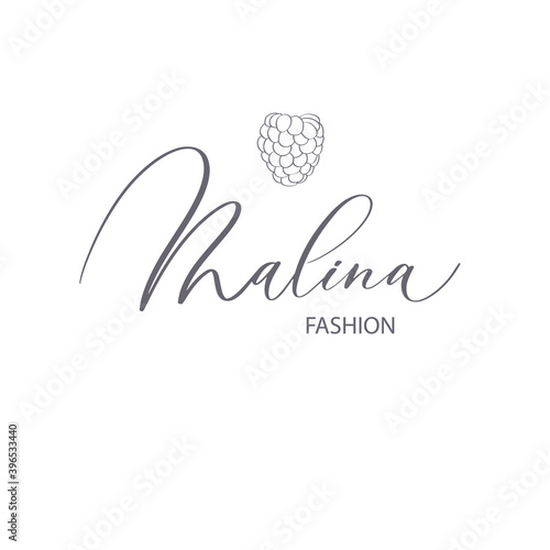Malina - raspberry calligraphy logo template for jewelry store, baking, cooking, clothing, fashion, etc. Berry Vector Design, fruit Illustration in line.