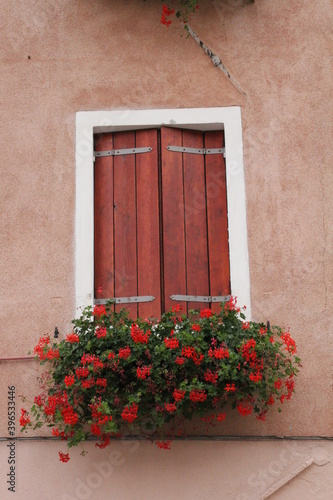 an orange Italian house with a window with a closed shutter and geranium flowers