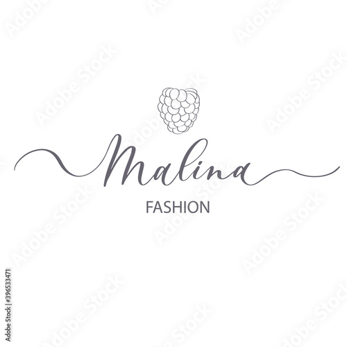 Malina - raspberry calligraphy logo template for jewelry store, baking, cooking, clothing, fashion, etc. Berry Vector Design, fruit Illustration in line.