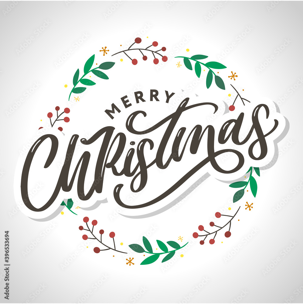 Merry christmas 2021 Beautiful greeting card poster with calligraphy black text word. Hand drawn design elements. Handwritten modern brush lettering white background isolated vector