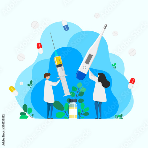 Injections, thermometer. Woman and man holding an injection syringe and thermometer. human treatment concept. Flu shot vaccination. Injection syringe. Medicine healthcare concept. Medical background