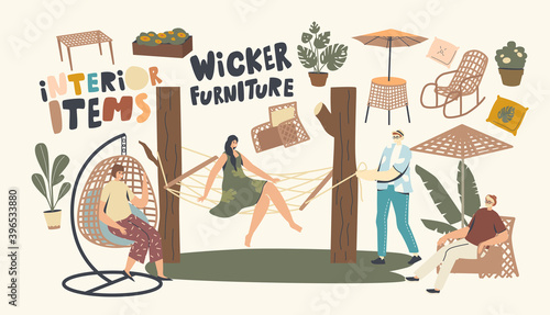 Characters Relax on Wicker Furniture Outdoors. Woman Sitting on Suspended Armchair and Hammock, Rocking Chair, Table