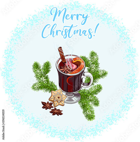 Hot red mulled wine with a cinnamon stick, an orange slice, cookies and Christmas spices, anise