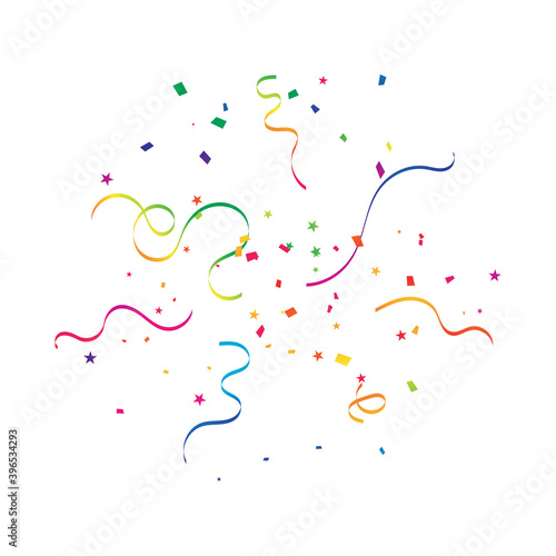 Many Falling Colorful Tiny Confetti And Ribbon On White Background. Celebration Event and Party. Multicolored. Vector