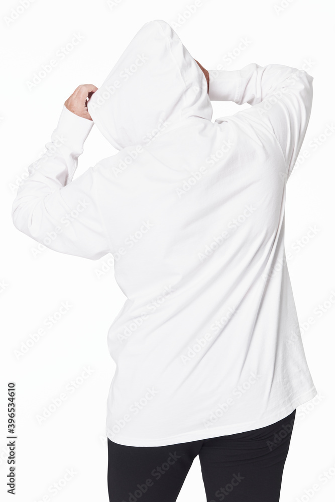 Women's white hoodie mockup fashion shoot in studio Women's white hoodie mockup fashion shoot in studio