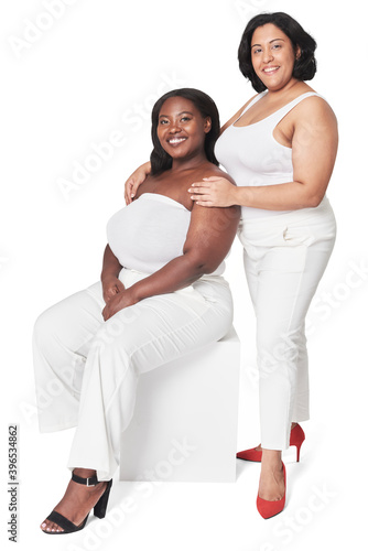 Attractive curvy woman in white outfit mockup apparel studio shoot