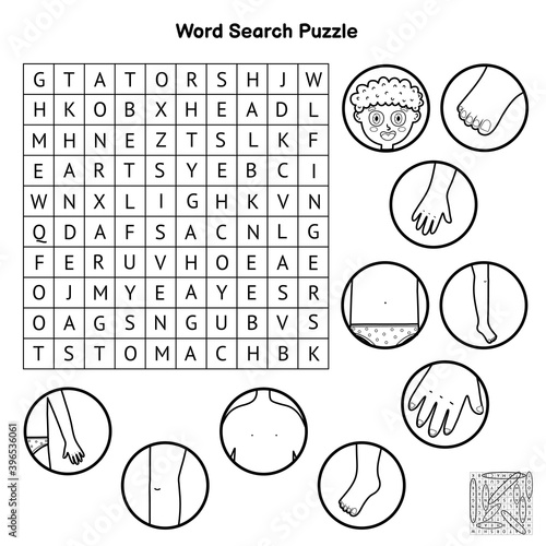Black and white body parts word search puzzle. Colorong page and educational game for kids