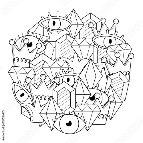 Circle shape coloring page with crystals and eyes. Mysterious doodle mandala
