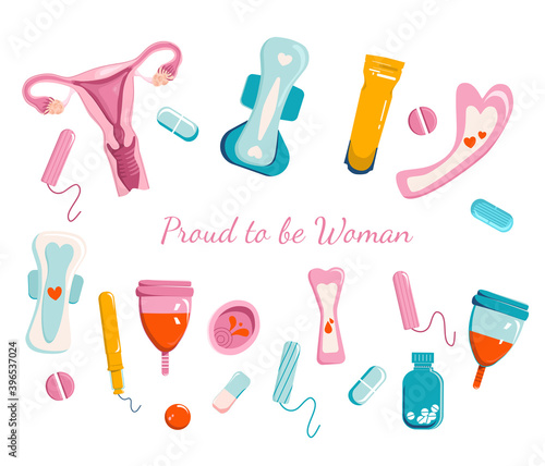 Set of menstruation and periods products.Proud to be woman collection.Female reproductive system,uterus,ovary and cervix anatomy.Tampons,various pads.Isolated vector stickers.
