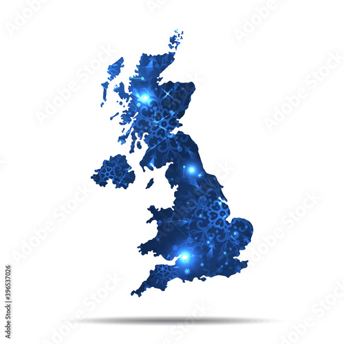 Vector map of UK with snowflakes. Winter illustration for your design.