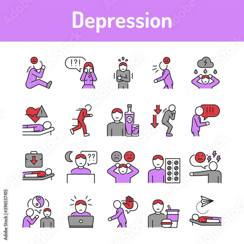 Depression color line icons set. Pictograms for web page, mobile app, promo.