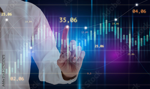 Unrecognizable Businessman Pointing At Digital Interface With Financial Chart, Creative Collage