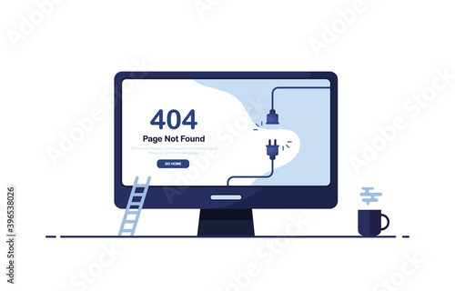 Vector illustration with 404 error on screen monitor computer PC. Browser page site. Broken website. Flat icon concept. Template, layout, mockup for banner. Blue