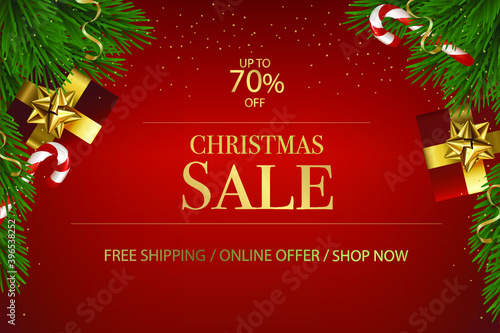 Christmas sale banner, postcard. Background Xmas design of gifts box, decorative green tree pine, gold bow. Vector illustration for winter holiday discounts.
