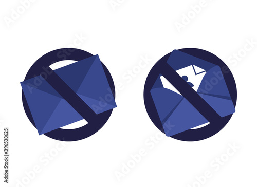 No spam set icon with letter in an envelope. Spam email warning. Stop phishing. On white background. Blue
