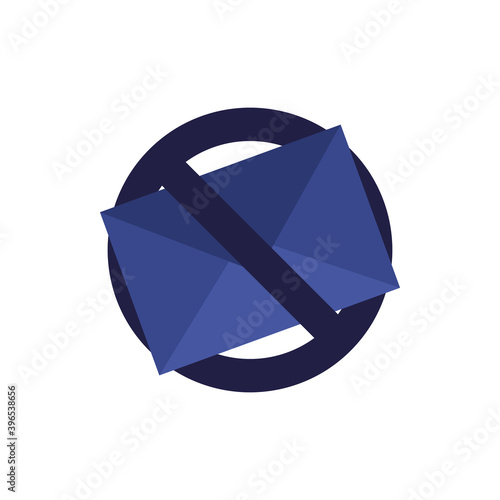 No spam icon with letter in an envelope. Spam email warning. Stop phishing. On white background. Blue