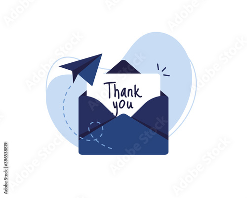 Letter in an envelope with thanks or thank you on white background icon. Send to email, mail. Blue. Flat design. On white background