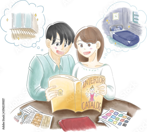 内装の雑誌を見ている日本人のカップル