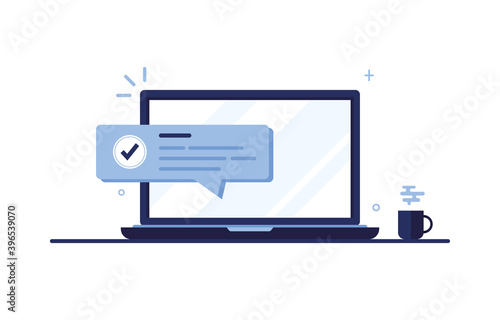 Vector banner illustration of email marketing. Workplace at home, in the office. Laptop. Completed application form for the site. Filling out documents. Monitor screen. Blue. Eps 10
