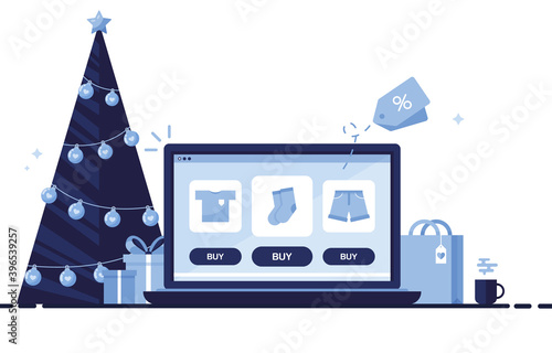 Christmas online shopping with laptop or computer. Christmas tree, gift boxes, present and decorations. Winter sale eshop. Ordering gifts at home. Clothes store. Blue. On shite background