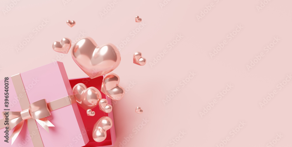 3D of Valentine's hearts with gift box for Happy Women's Day, Mother's Day, Birthday.
