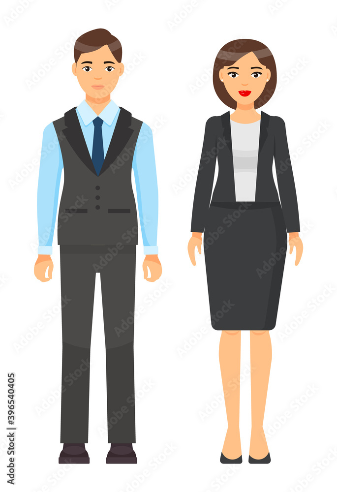 Isolated cartoon characters, stylish businesspeople wearing office suits. Businessman in vest, blue shirt, tie and trousers. Businesswoman wear grey jakcet, white blouse, skirt. Dresscode of workers