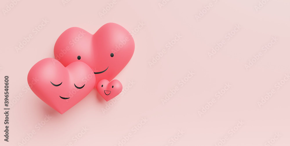 3D rendering of happy red heart family.