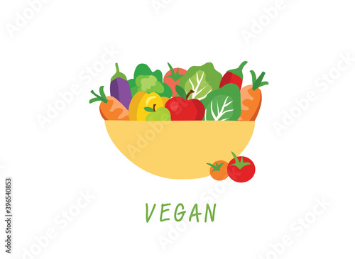 Vegan food, organic vegetables and fruits in yellow bowl vector illustration. Nutrition, healthy food and vegan food concept.