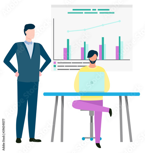 Employee working with laptop, graph report on board. Manager and worker cooperation, broker collaboration, man on workplace, business strategy vector