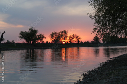 Sunset on the river in summer
