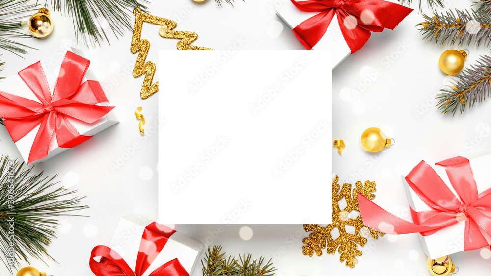 Christmas decoration isolated. White gifts with red bow, golden balls and Christmas tree in xmas decoration on white background for greeting card. Decoration and copy space for your text. Christmas decoration isolated. White gifts with red bow, golden balls and Christmas tree in xmas decoration on white background for greeting card. Decoration and copy space for your text.
