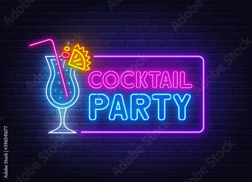 Cocktail Party neon sign on brick wall background .