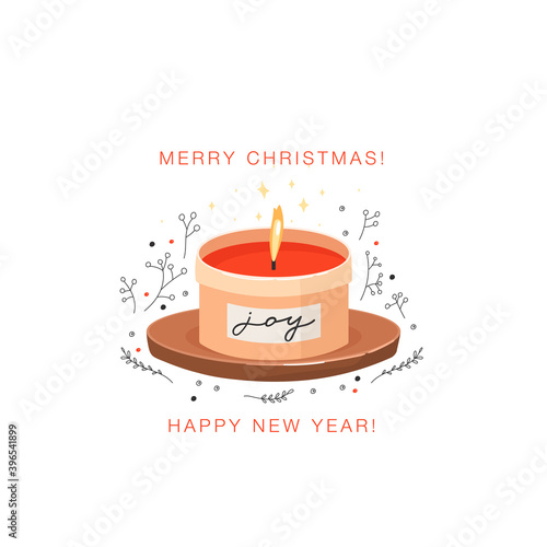 Burning aromatic candle in jar. Christmas and Happy New Year greeting card. Winter mood scent. Aesthetic vector illustration.