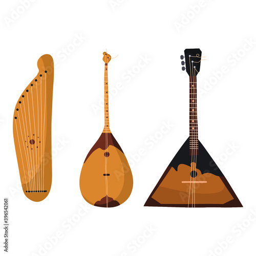 Set of stringed musical instruments. Collection of balalaika, gusli, violin. 