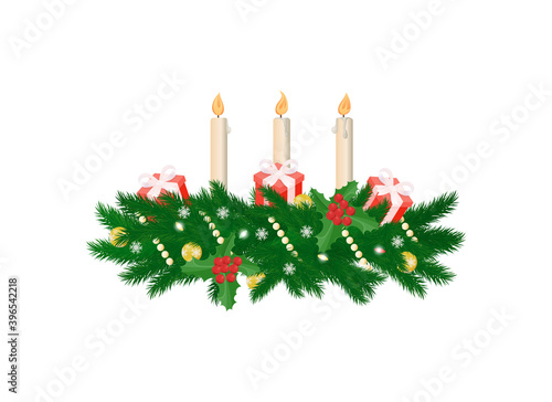 Christmas branch with fire candles and presents. Coniferous twig warped gold chaplet with snowflakes and balls. Shining winter decoration vector isolated