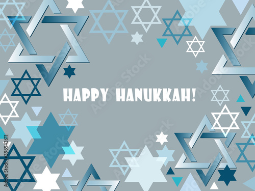 Hanukkah greeting card. Happy Hanukkah lettering in a frame of stars of David on gray background. Elegant simple festive vector design for Jewish holiday cards, banners, posters, prints.