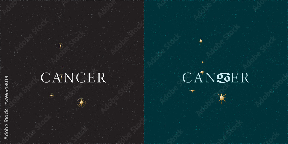 Fototapeta premium Zodiac Constellation Cancer Chiseled Stars and Logo Lettering with Cancer Zodiac Sign Symbol - White and Golden Elements on Black Grunge Background - Mixed Graphic Design
