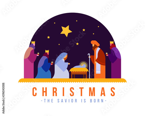 christmas , the savior is born banner with Nativity of Jesus scene and Three wise men in night time and star vector design