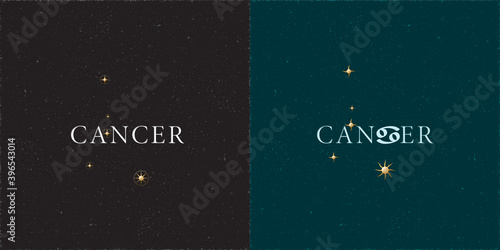 Zodiac Constellation Cancer Chiseled Stars and Logo Lettering with Cancer Zodiac Sign Symbol - White and Golden Elements on Black Grunge Background - Mixed Graphic Design