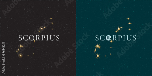 Zodiac Constellation Scorpius Chiseled Stars and Logo Lettering with Scorpio Zodiac Sign Symbol - White and Golden Elements on Black Grunge Background - Mixed Graphic Design