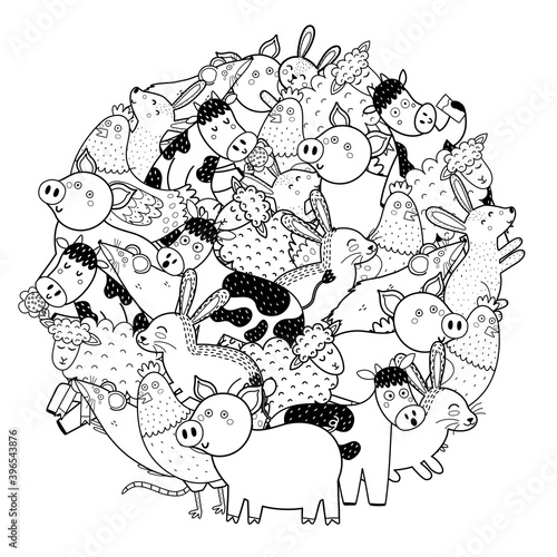 Circle shape coloring page with funny farm characters. Cute animals black and white print